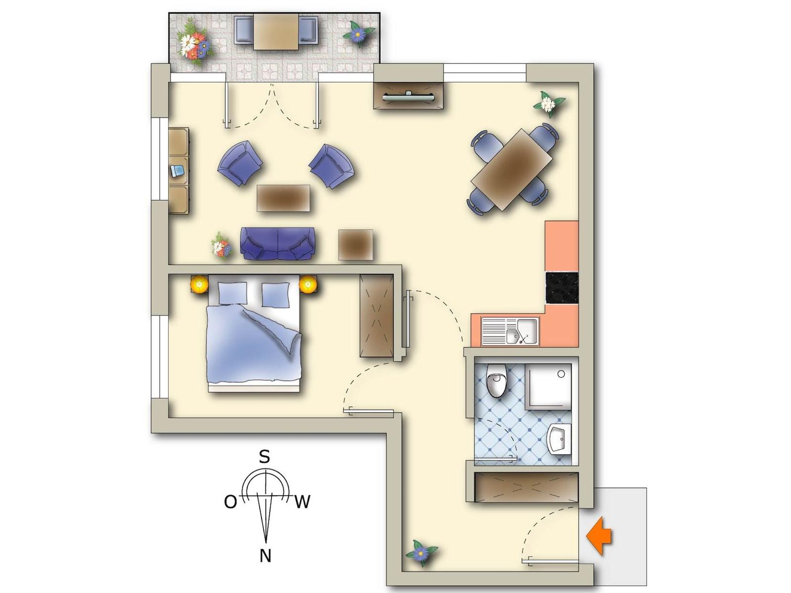 Wohnung mit Schlafzimmer, Wohnbereich, Essbereich, Küche und Bad.