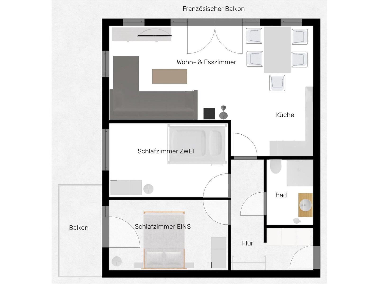Wohn- und Esszimmer, Küche, zwei Schlafzimmer, Bad und Balkon mit französischer Balkontür.
