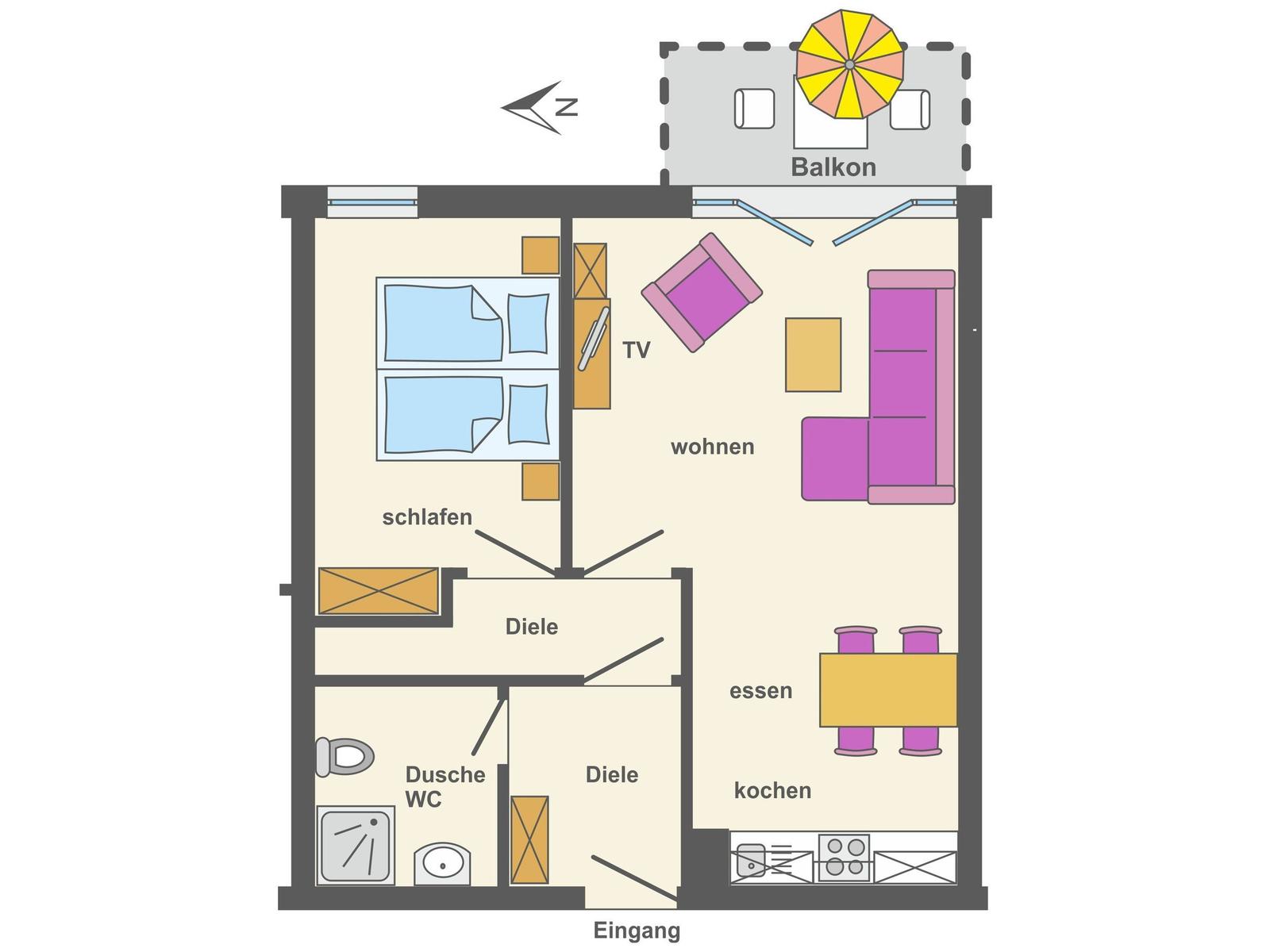 Apartment with bedroom, living and dining area, kitchen, shower, and balcony.