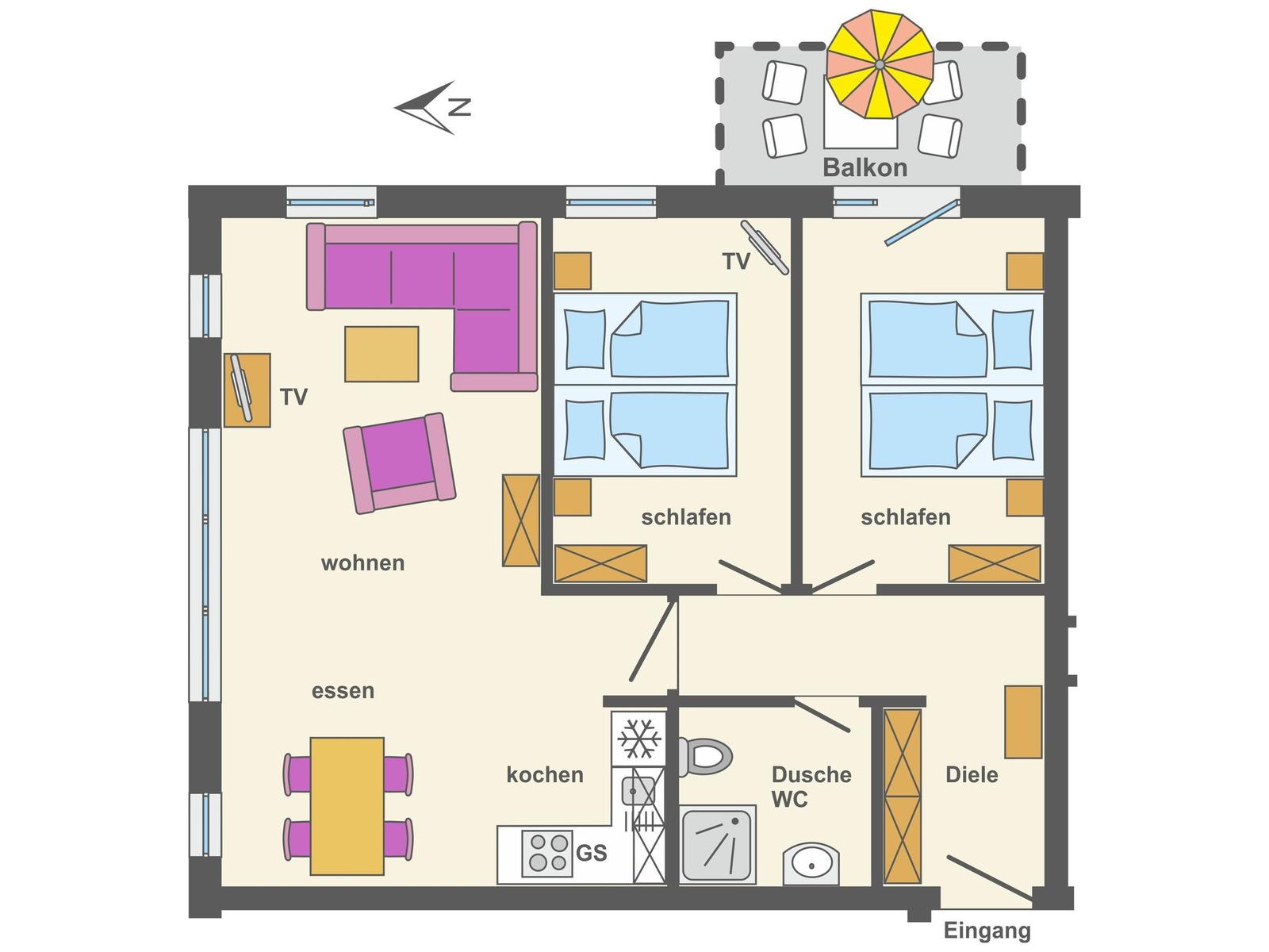 Wohnung mit zwei Schlafzimmern, Wohn- und Essbereich, Küche und Balkon.