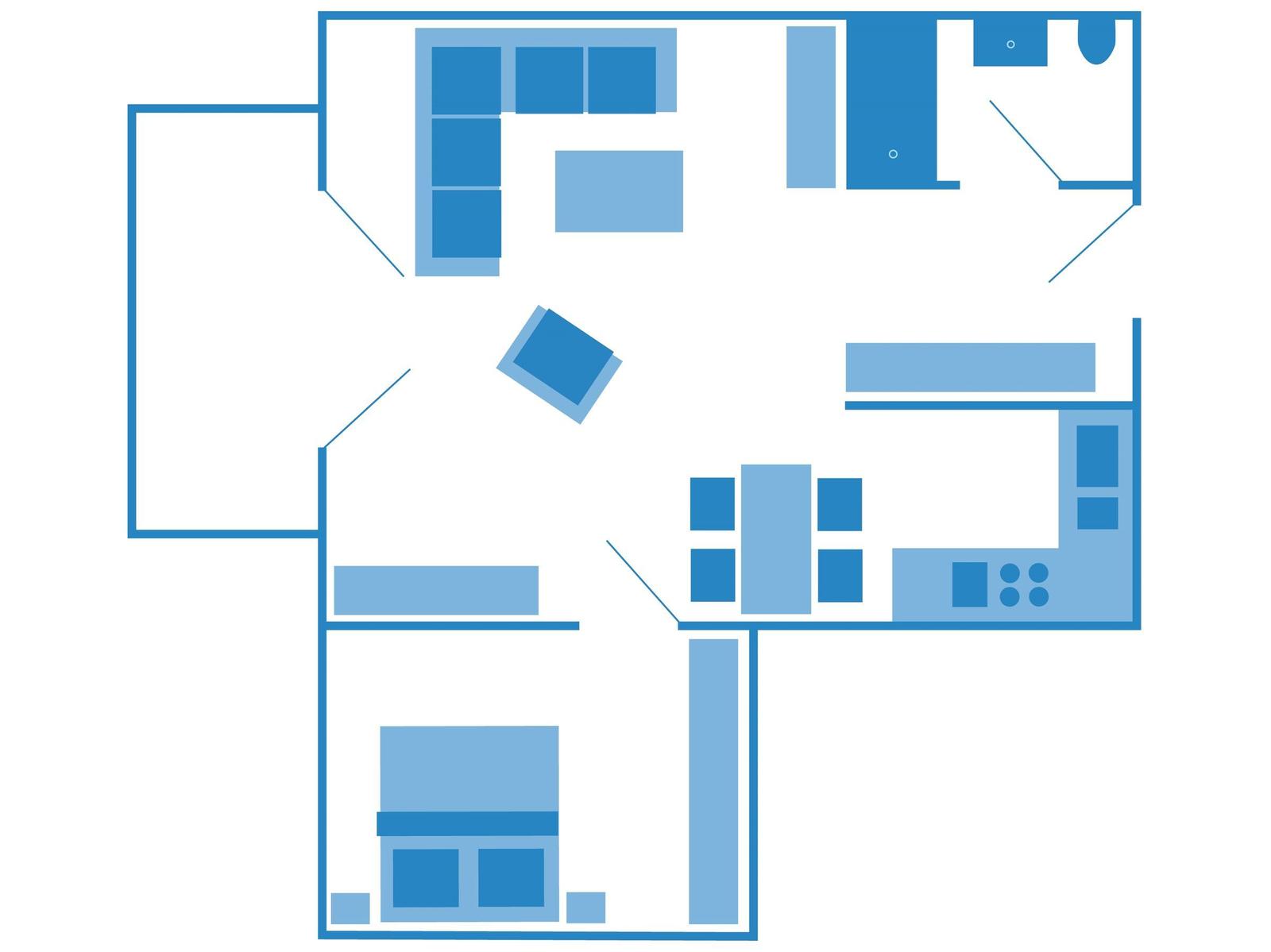Dieses Grundrissbild zeigt die Räumlichkeiten einer Wohnung mit Küche, Bad und Schlafzimmer.