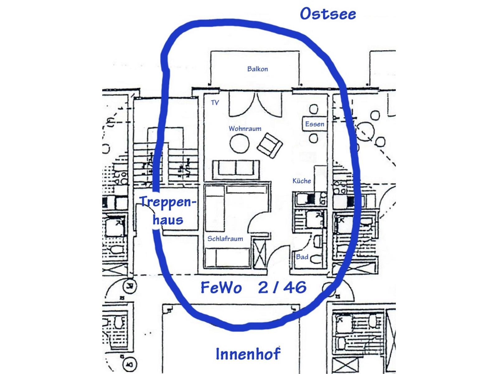 Plan der Ferienwohnung mit Wohnzimmer, Küche, Schlafzimmer und Bad.