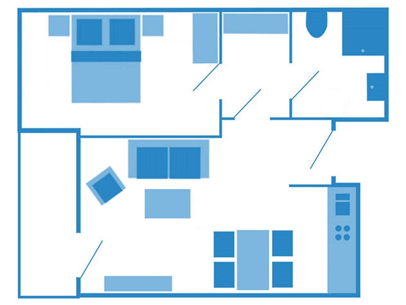 Moderne weiße Wohnanlage mit blauen Fensterläden und Glasgeländern. Grünflächen und gepflasterte Wege.