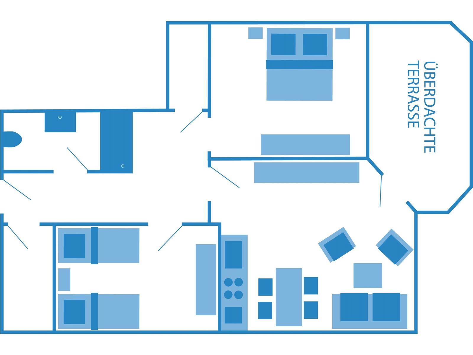 Überdachte Terrasse, Küche, Schlafzimmer und Badezimmer im Grundriss.