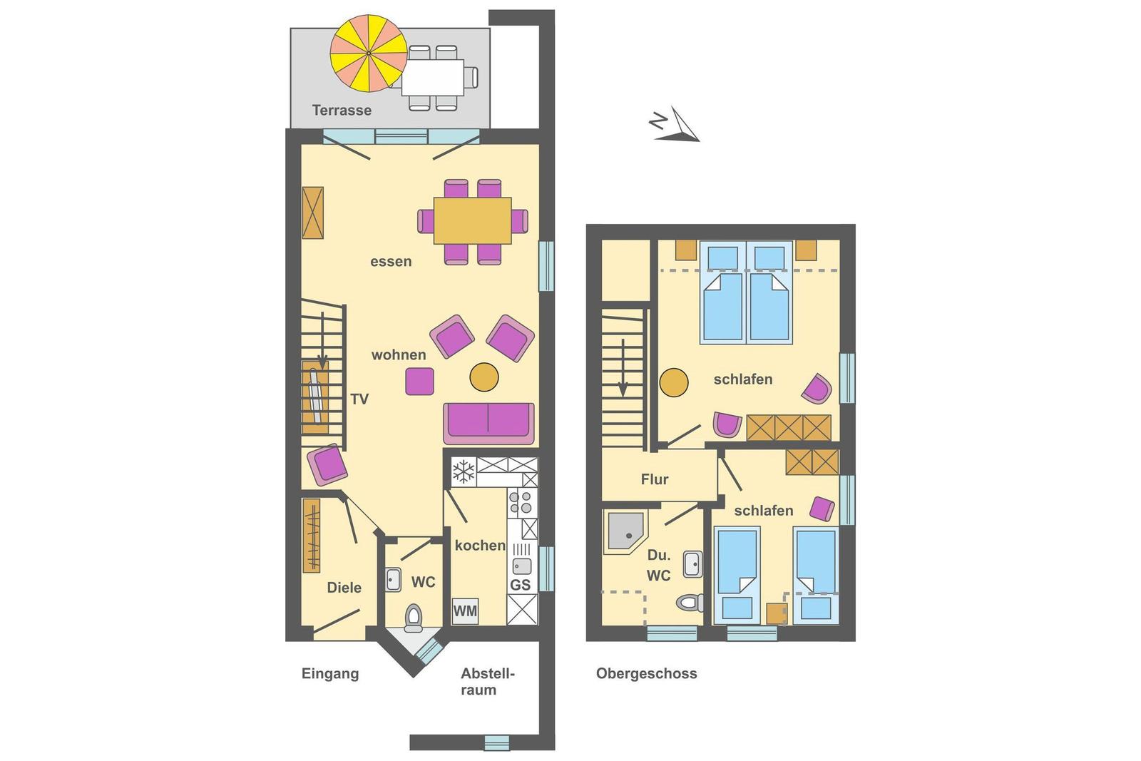 Dieses Ferienhaus hat eine Terrasse, Wohn- und Essbereich, Küche und zwei Schlafzimmer im Obergeschoss.