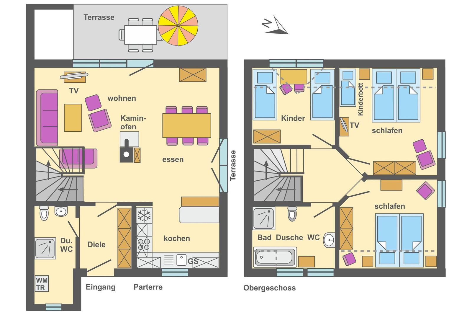 Dieses Haus hat eine Terrasse, Wohn- und Essbereich, Küche, Bad und Schlafzimmer im Obergeschoss.