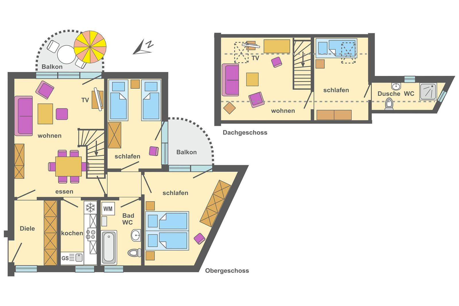 Dieses Haus hat zwei Schlafzimmer, eine Küche, ein Wohnzimmer und einen Balkon.