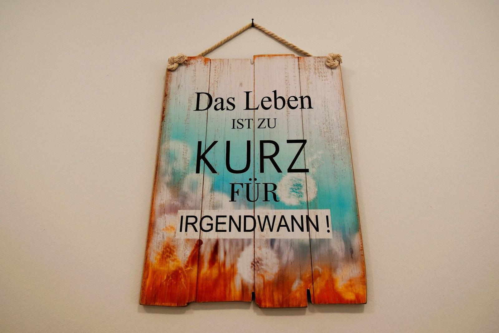 See mit Schilf, Felder und Windrad im Hintergrund unter klarem Himmel.