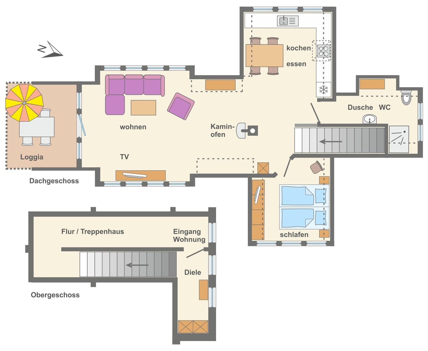 Top-floor apartment with living and sleeping areas, kitchen, shower, and loggia.