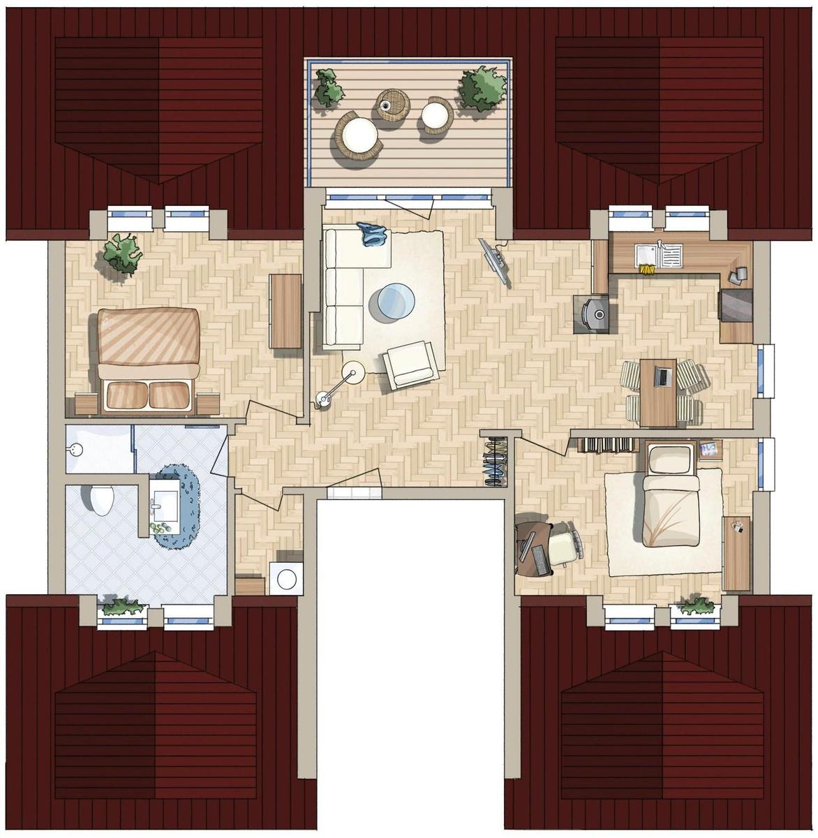 Dieses Haus hat zwei Schlafzimmer, eine Küche, ein Bad und eine Terrasse mit Sitzgelegenheiten.