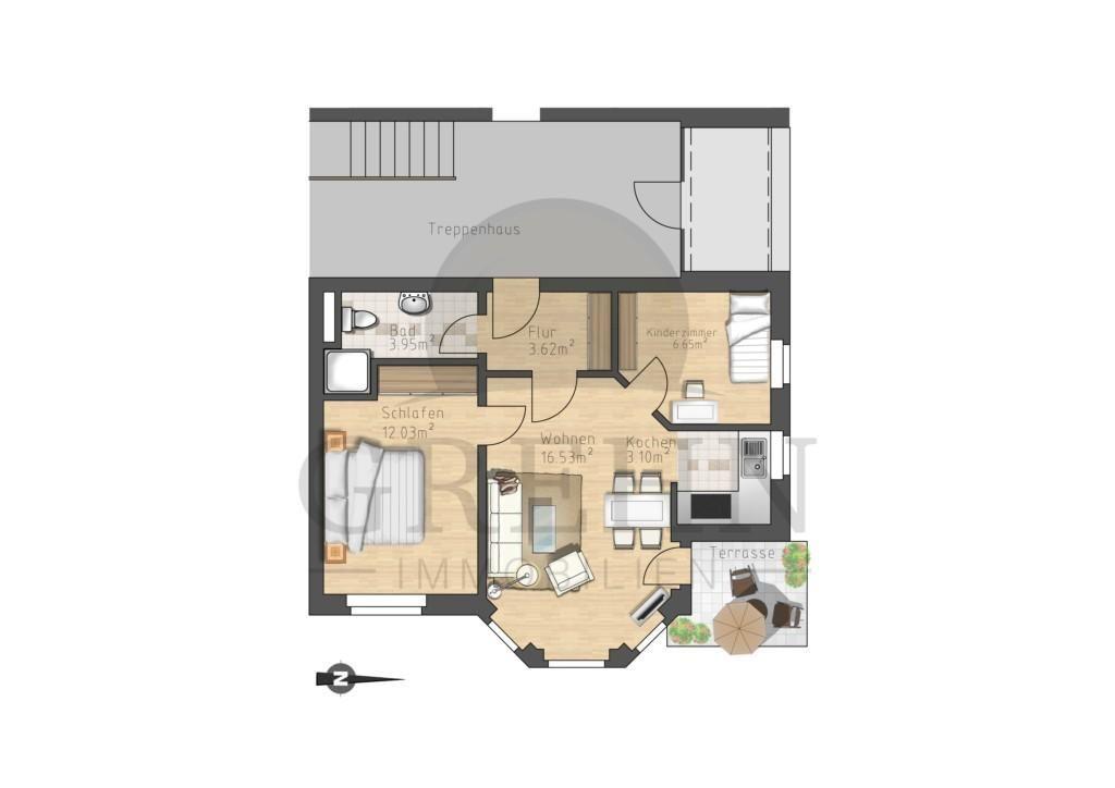 Wohnung mit Schlafzimmer, Küche, Bad und Terrasse. Flur und Kinderzimmer vorhanden.