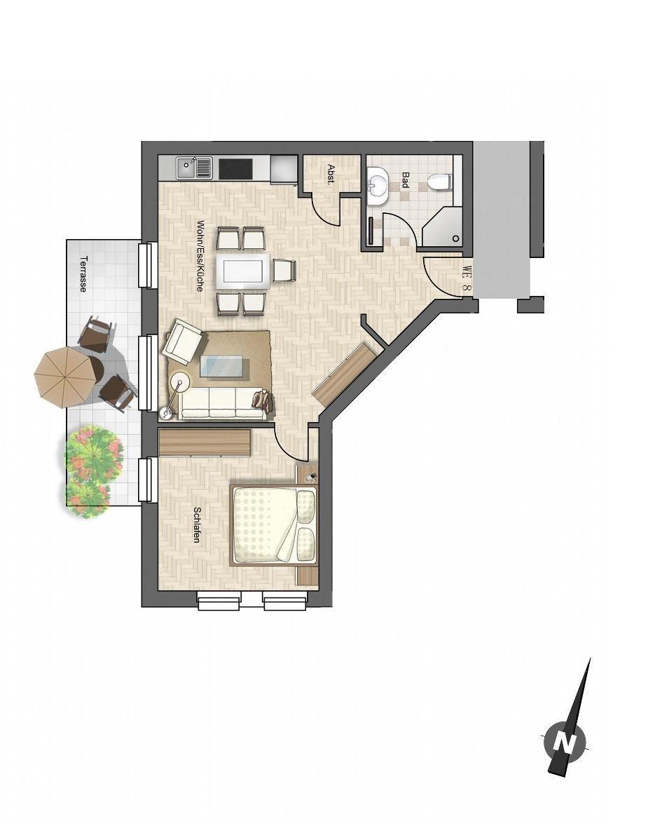 Apartment with kitchen, bedroom, bathroom, and terrace.