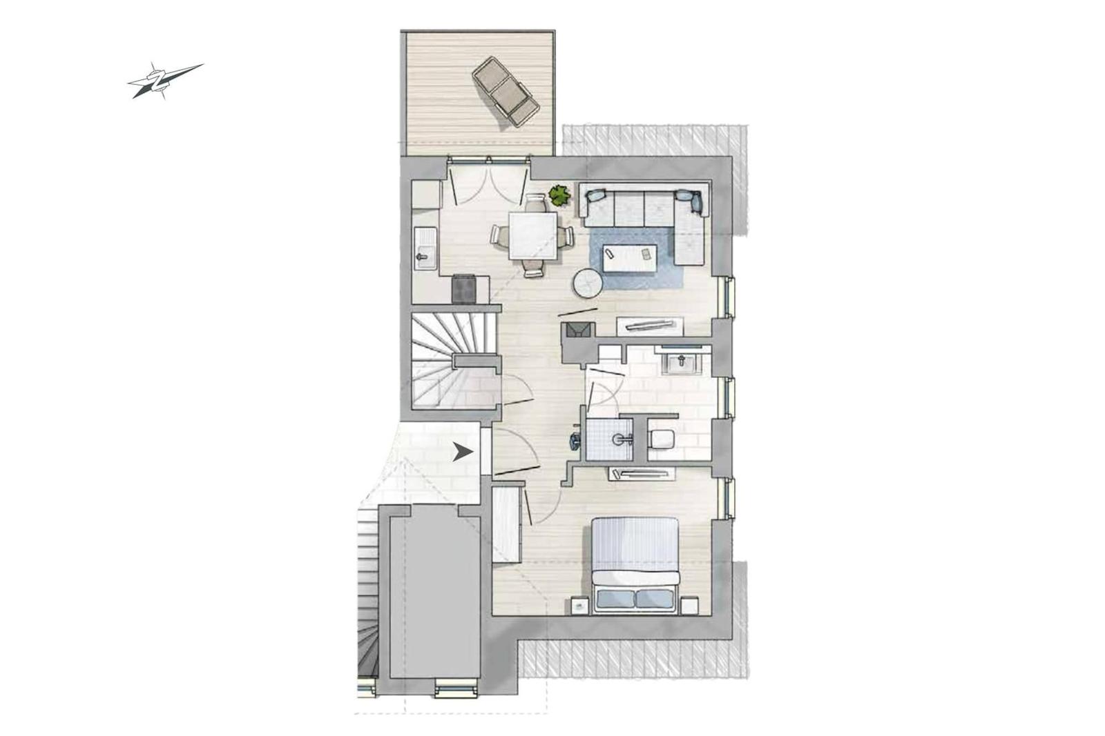 Dieses Apartment hat eine Küche, ein Wohnzimmer, ein Schlafzimmer und eine Terrasse.