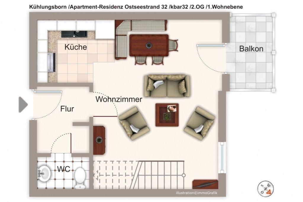 Wohnung mit Küche, Wohnzimmer, Bad und Balkon. Flur und Treppenhaus sind eingezeichnet.