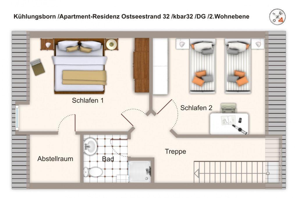 Zweizimmer-Apartment mit Bad, Treppe und Abstellraum. Schlafzimmer mit Betten.