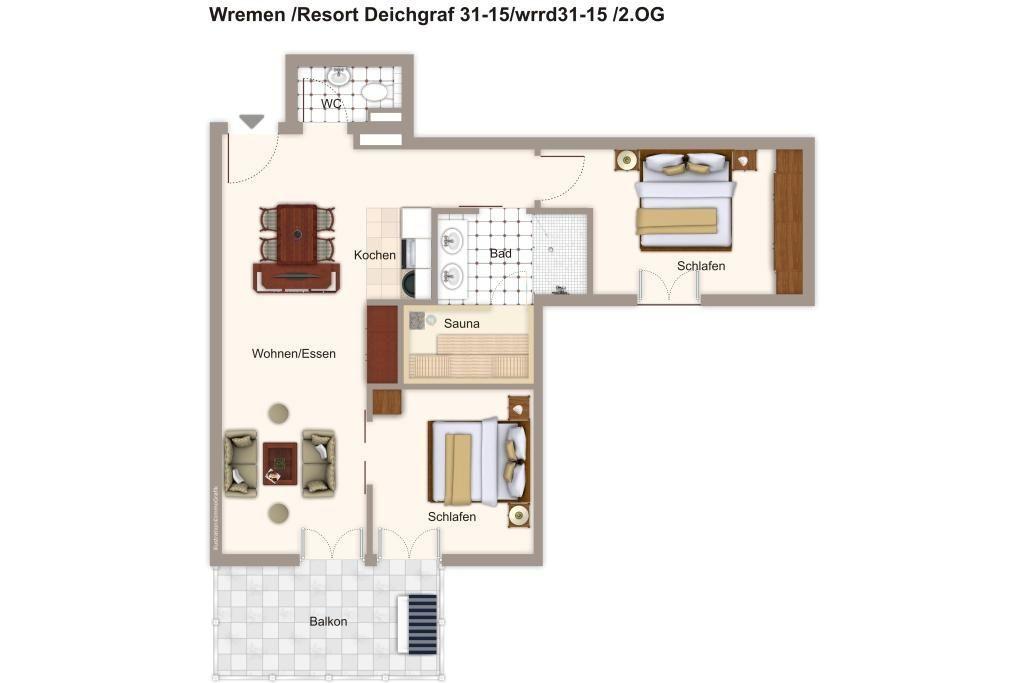 Wohnung mit zwei Schlafzimmern, Küche, Bad, Sauna und Balkon.