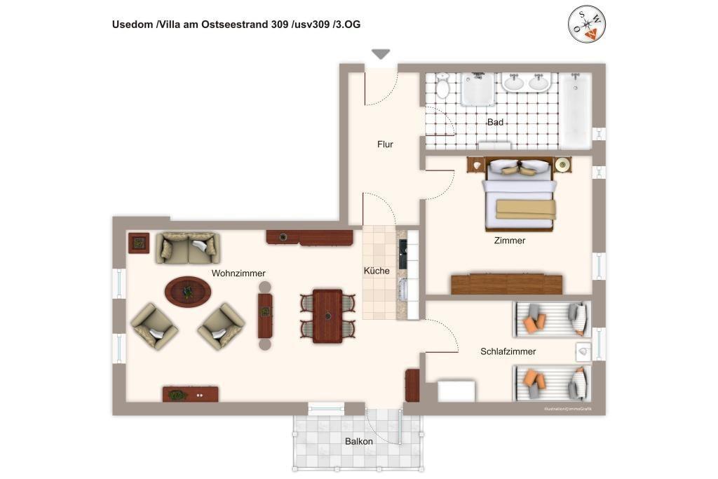 Villa mit Wohnzimmer, Küche, Schlafzimmer, Bad und Balkon. Flur verbindet alle Räume.