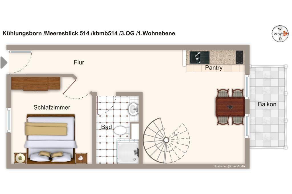 Studio mit Sofa, zwei Sesseln und runden Tisch. Treppe führt nach unten.
