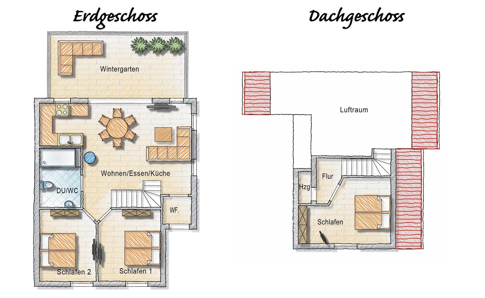 Erdgeschoss mit Wohnen, Küche, Schlafzimmern und Wintergarten. Dachgeschoss mit Schlafzimmer und Luftraum.