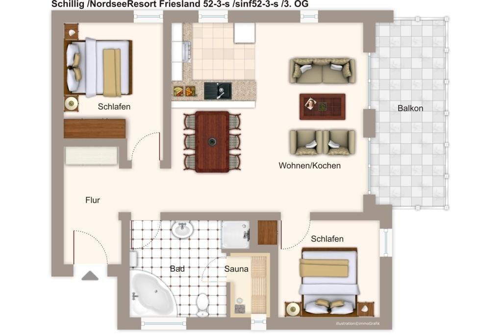 Wohnung mit zwei Schlafzimmern, Wohnküche, Bad, Sauna und Balkon.