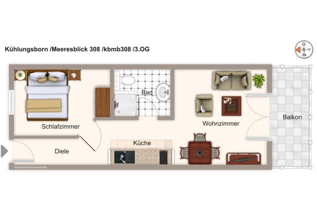Schlafzimmer, Bad, Wohnzimmer, Küche und Balkon mit Möbeln und Fliesen.