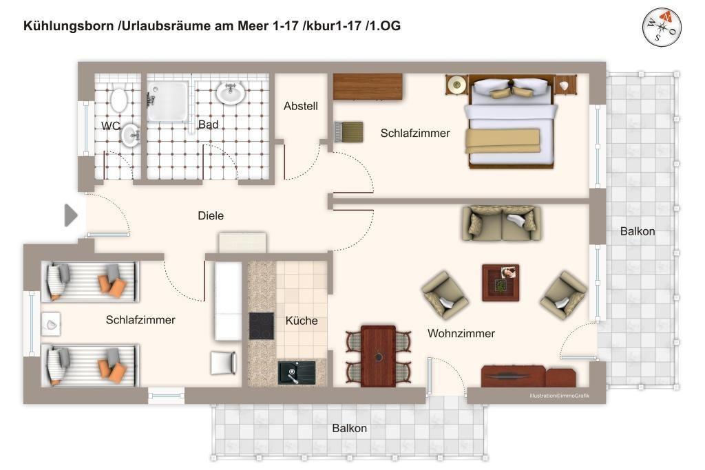Wohnung mit zwei Schlafzimmern, Küche, Bad und Balkon.