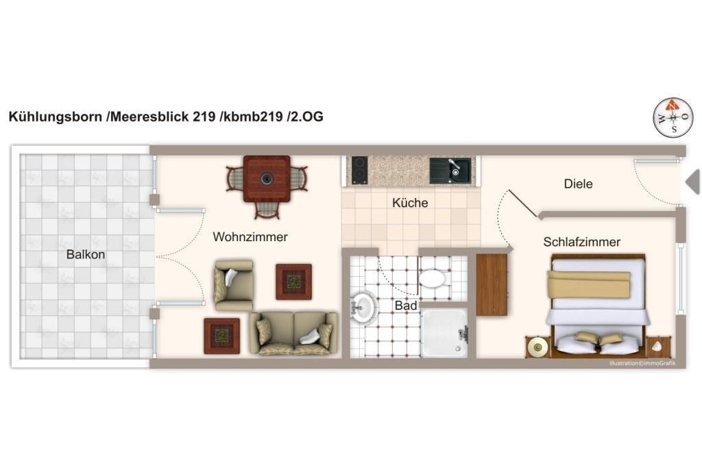 Wohnung mit Wohnzimmer, Küche, Bad, Schlafzimmer und Balkon.