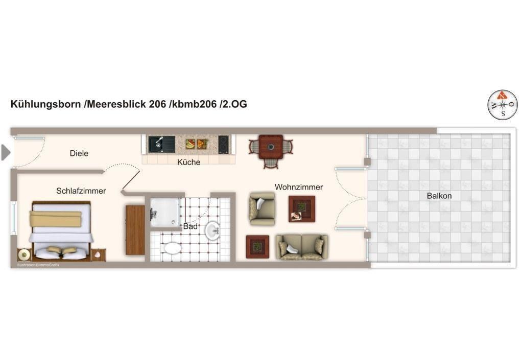 2. OG Wohnung mit Schlafzimmer, Küche, Bad und Wohnzimmer mit Balkon.