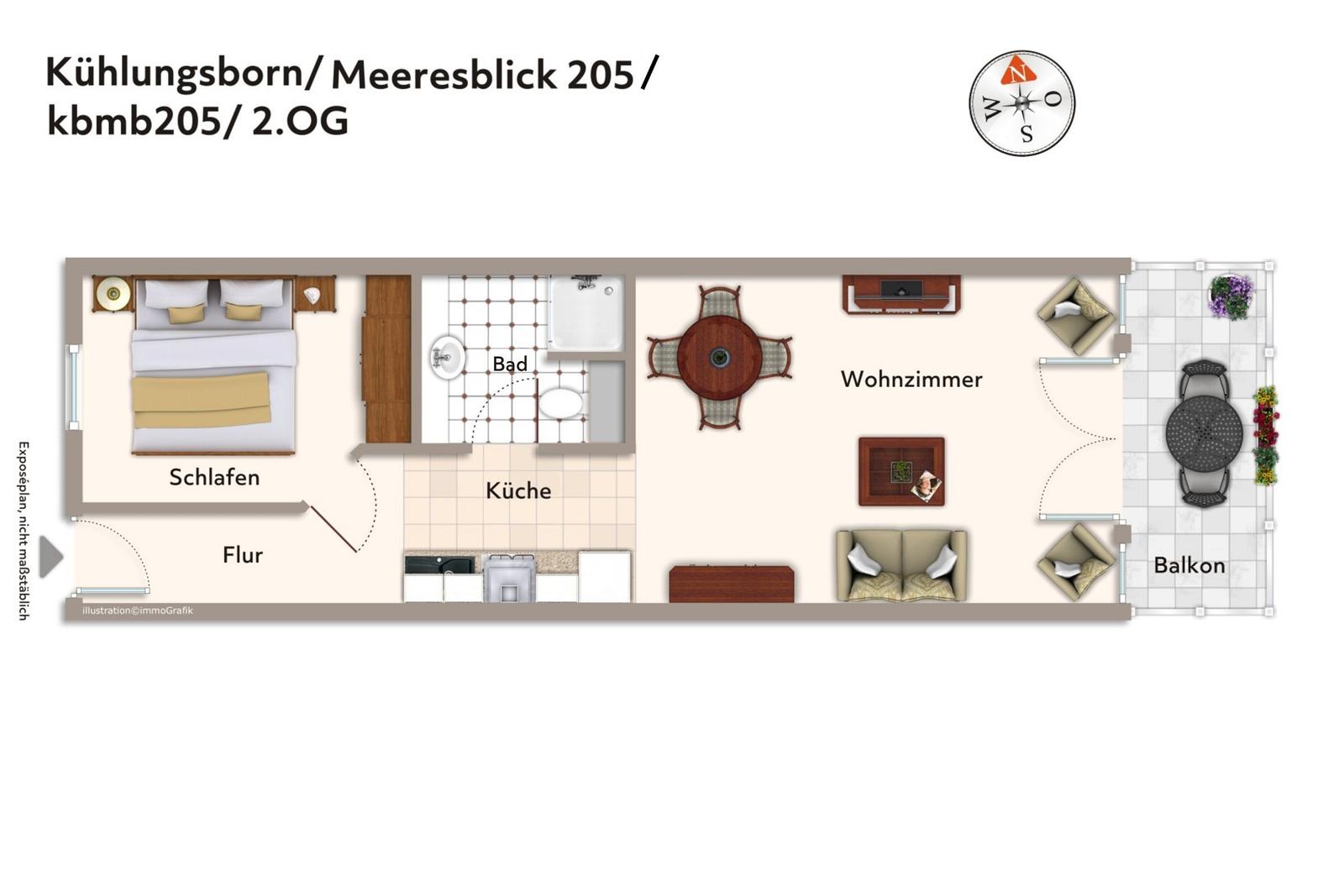 Wohnung mit Schlafzimmer, Küche, Bad und Wohnzimmer mit Balkon.