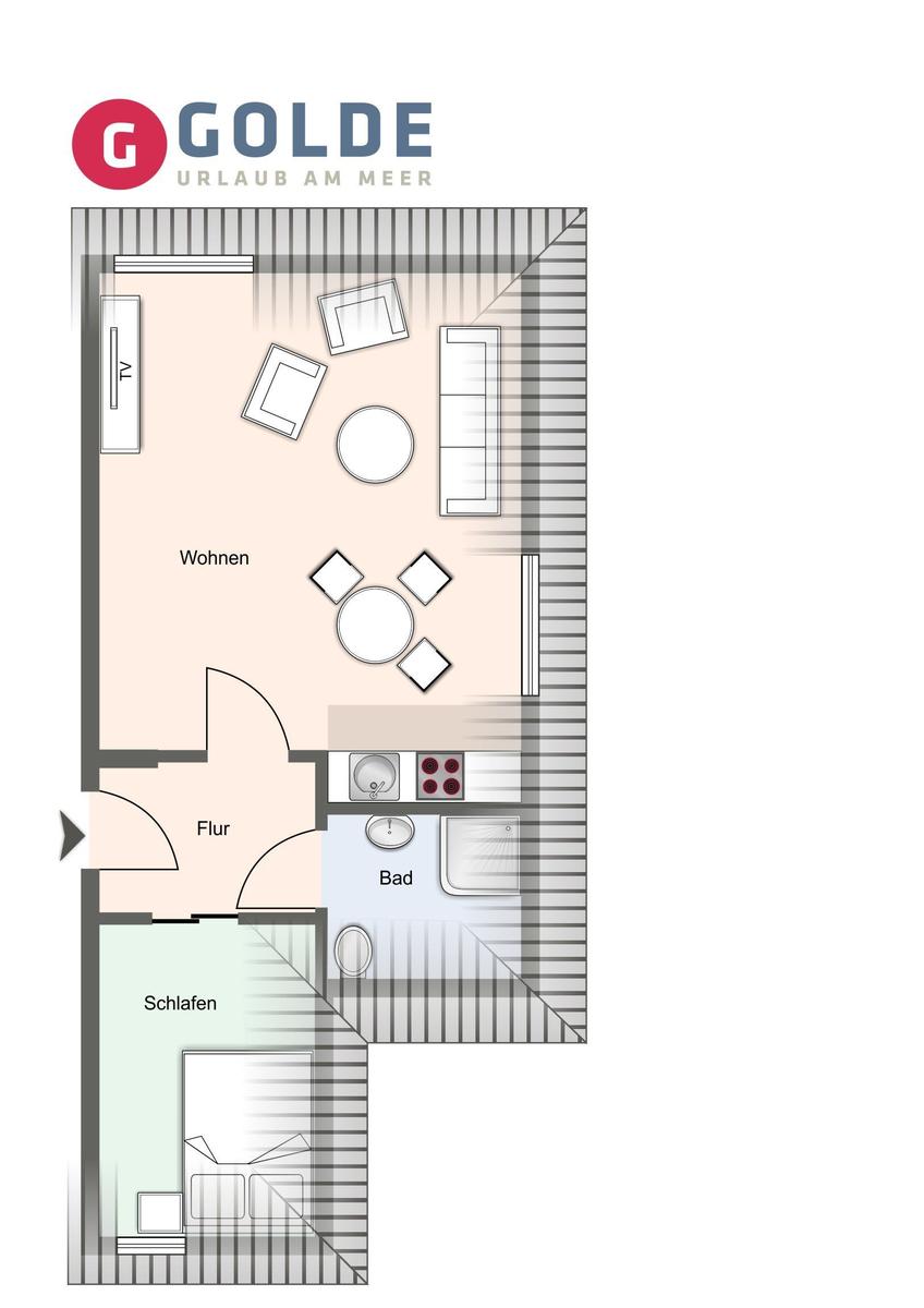 Apartment with living and sleeping area, bathroom, and kitchen. Hall leads to all rooms.