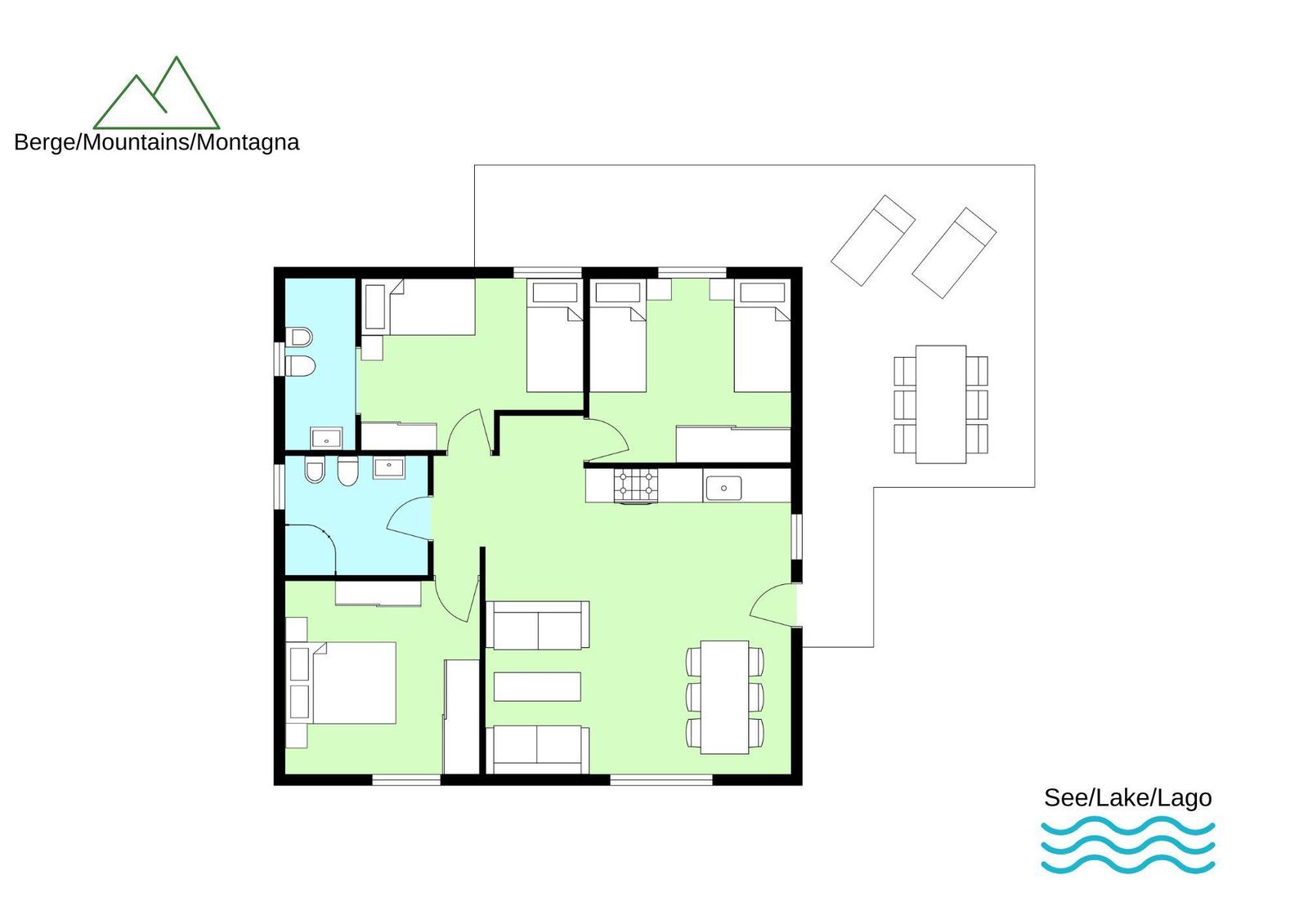 Gelbes Haus mit Balkonen, Spielplatz und Pool im Garten bei sonnigem Wetter.