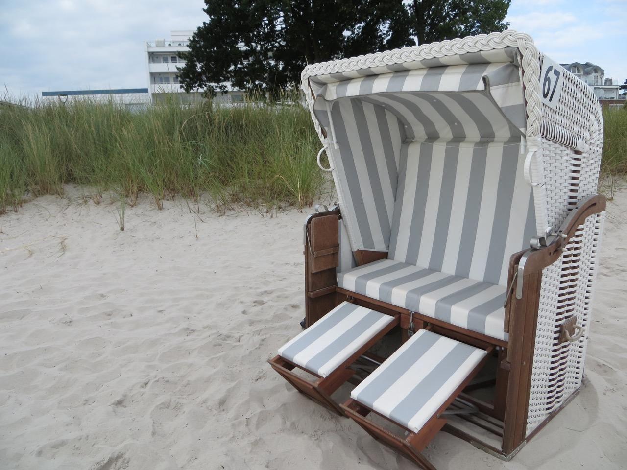 Eine Möwe steht am Strand. Im Hintergrund ist eine Pier mit Flaggen zu sehen.