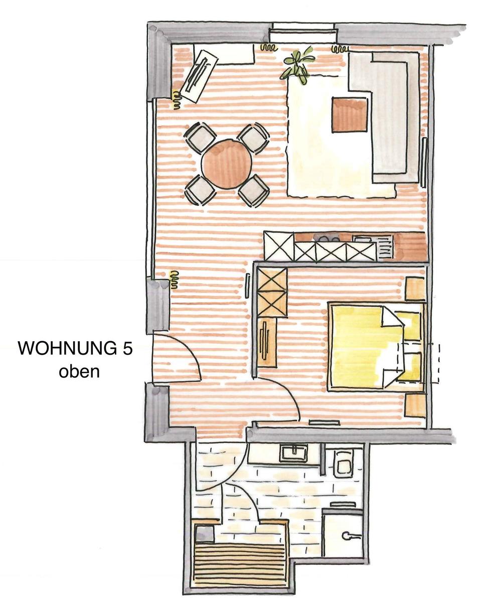 Wohnung 5 oben mit Essbereich, Schlafzimmer und Bad