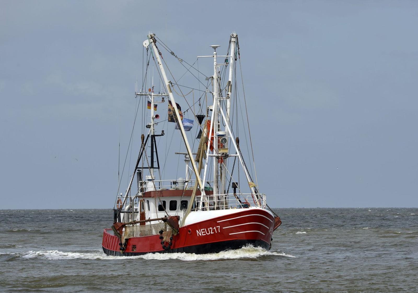 Hafen mit Containerschiff und hölzernem Leuchtturm. Menschen spazieren am Strand.