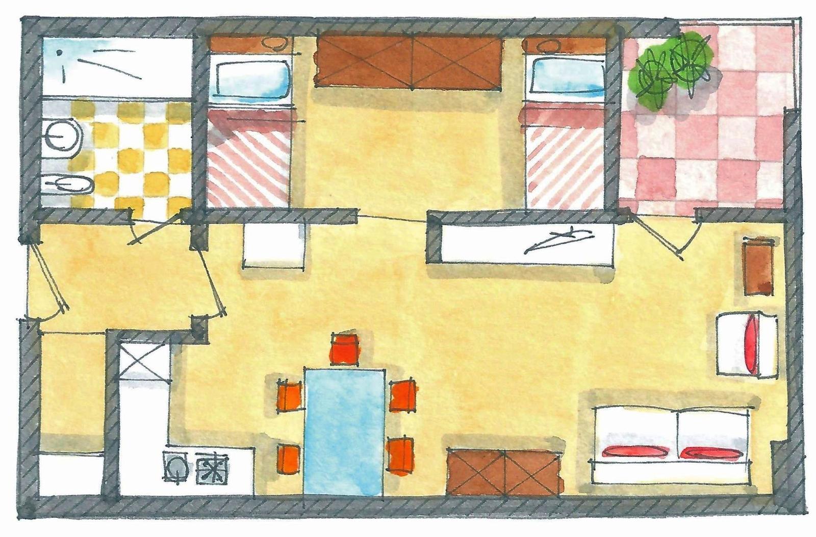 Wohnung mit Küche, Bad, Schlafzimmer und Terrasse. Essbereich mit Tisch und Stühlen.