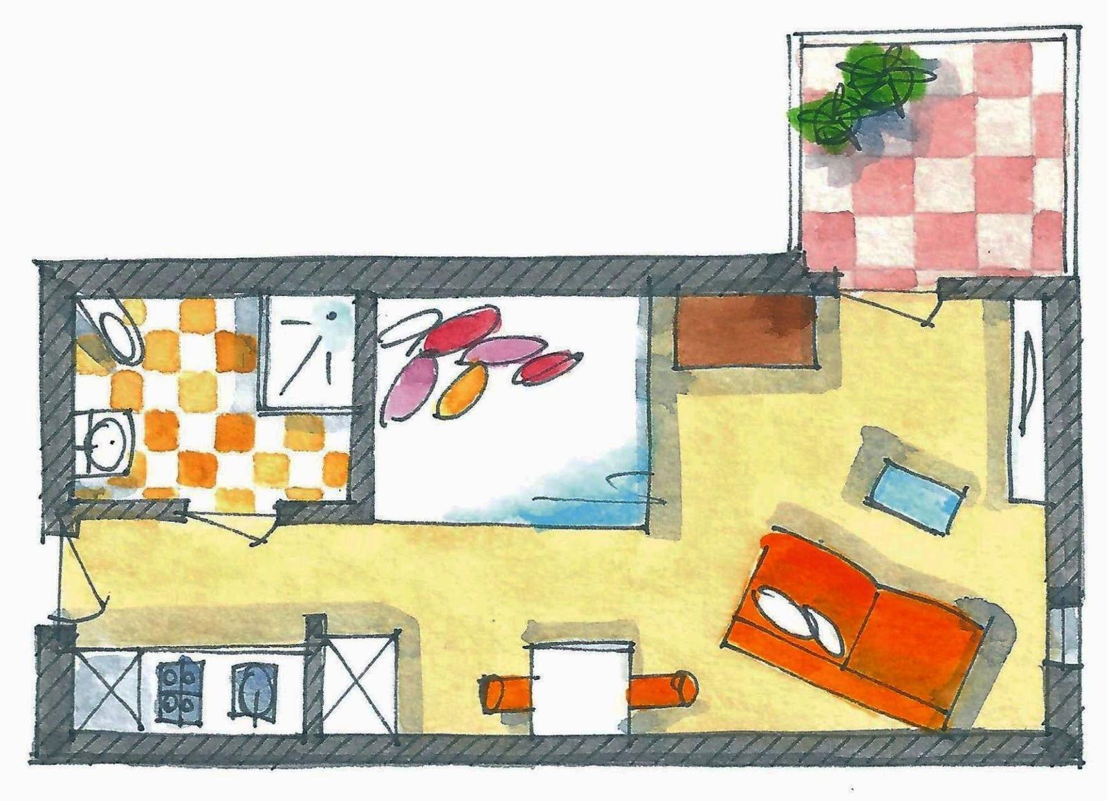 Kitchen with stove and window, living area with sofa and window, terrace with table and chairs.