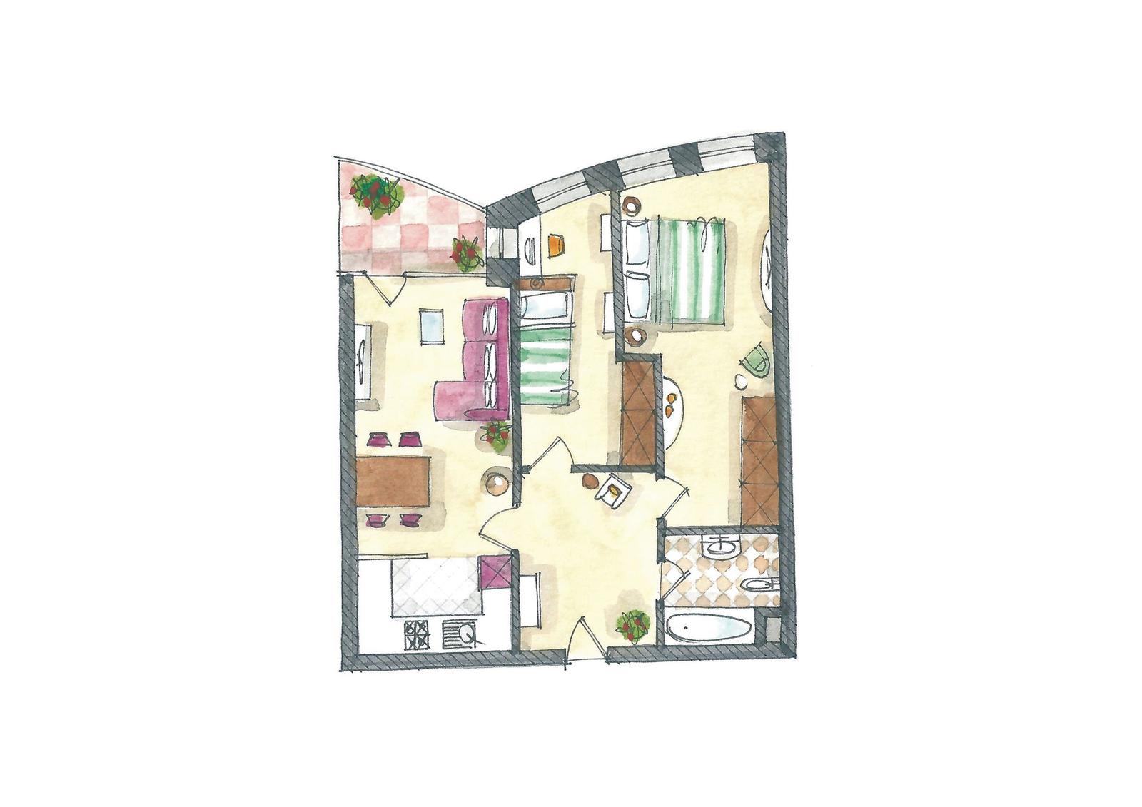 Dieses Apartment hat eine Küche, Wohnzimmer, Schlafzimmer und Bad mit Badewanne.