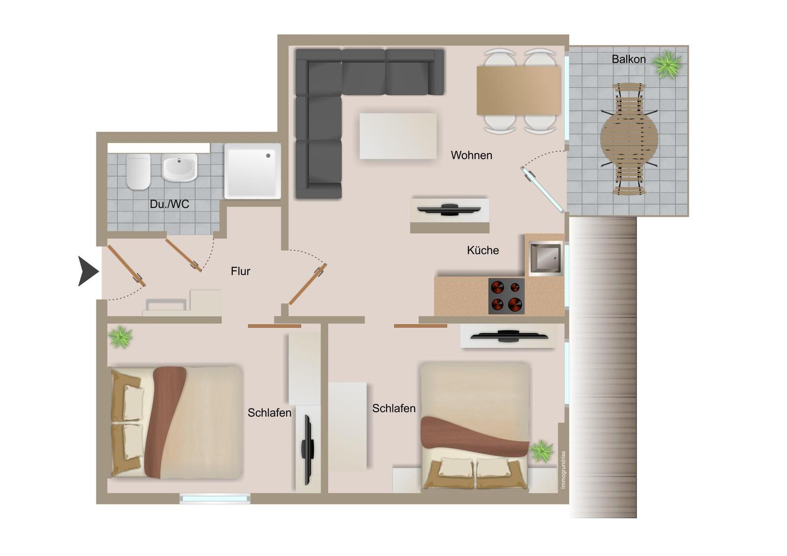 Zwei Schlafzimmer, Wohnküche, Bad und Balkon. Flur verbindet alle Räume.