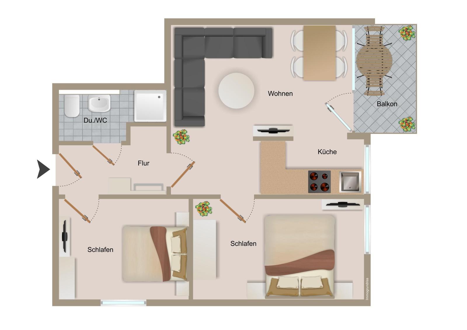 Wohnung mit zwei Schlafzimmern, Küche, Wohnbereich und Balkon.