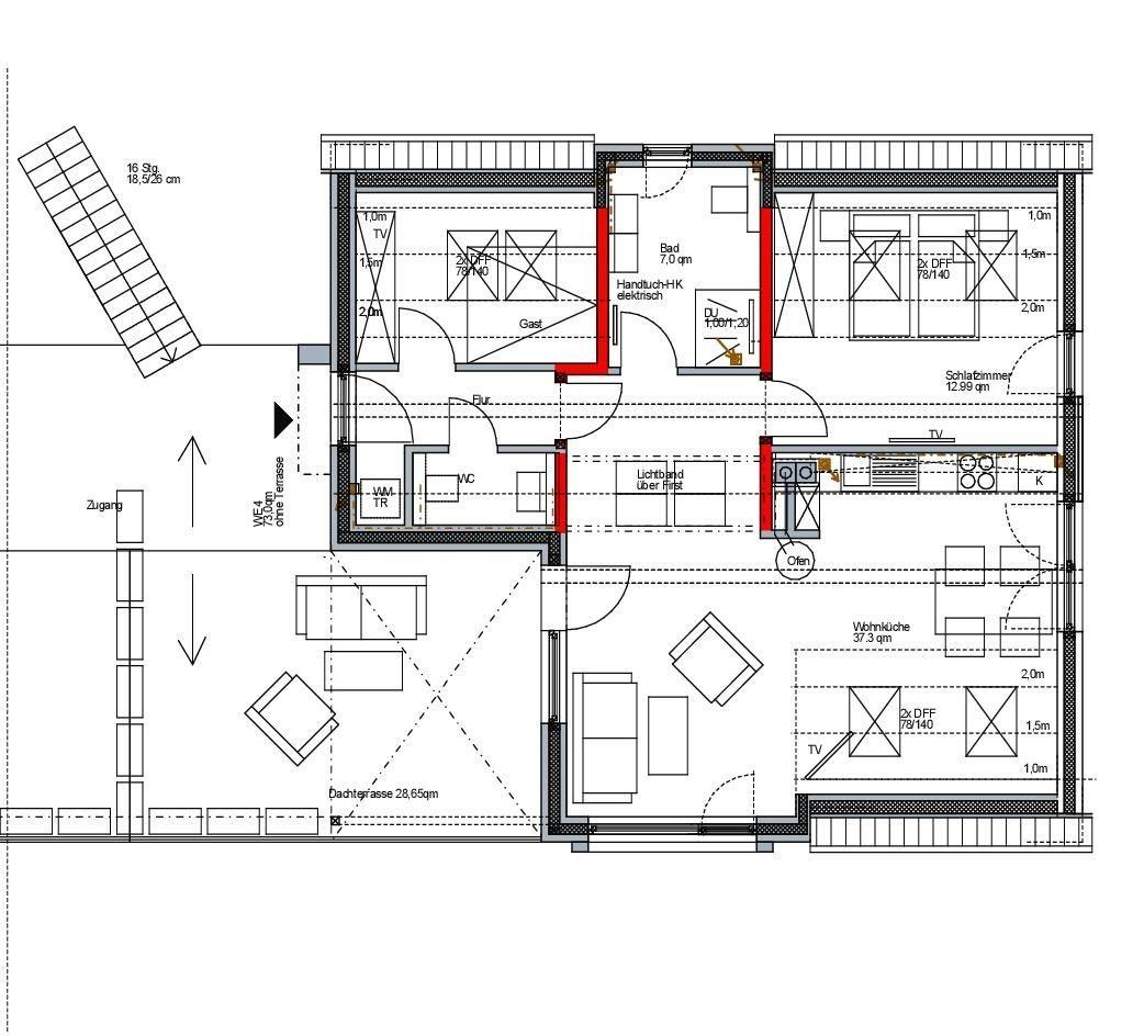 Dieses Hausplan zeigt Wohn- und Schlafzimmer, Küche, Bad und Terrasse mit genauen Maßen.