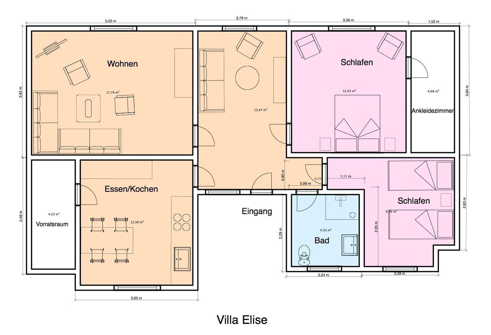 Villa Elise mit Wohn-, Ess-, Schlaf- und Badräumen sowie Ankleidezimmer und Vorratsraum.