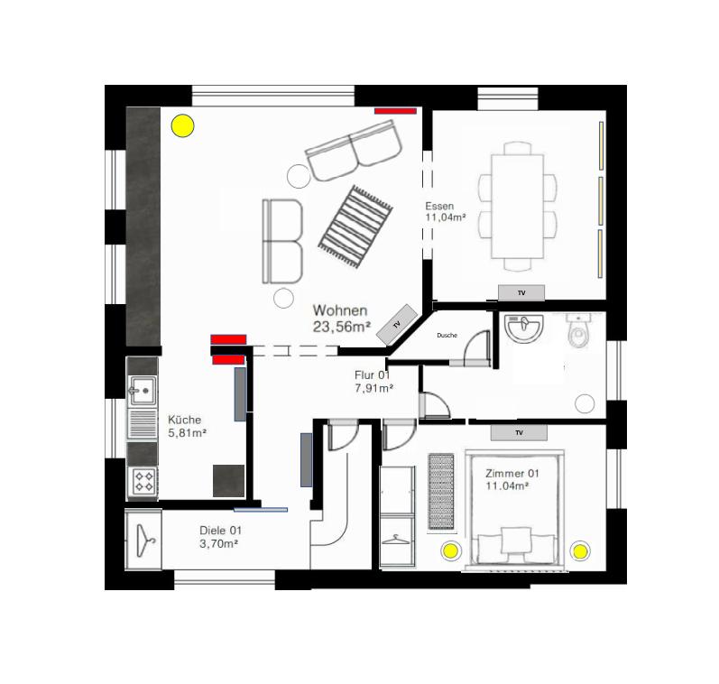 Apartment with kitchen, living room, dining room, and bedroom. Hallway and shower available.
