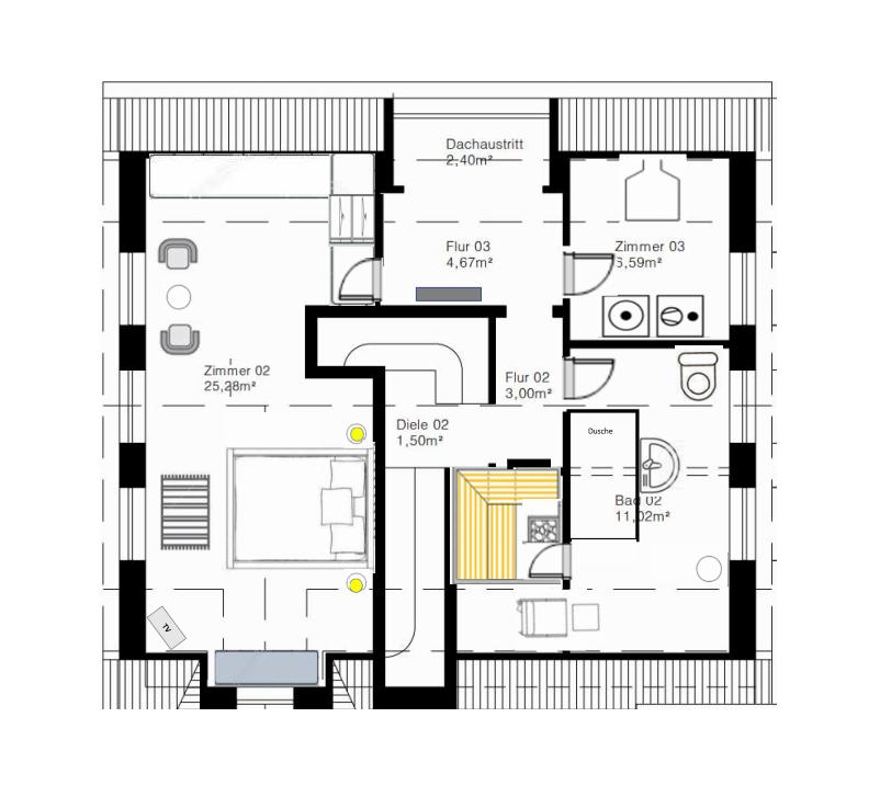 Overview of the apartment with three bedrooms, bathroom, and rooftop access.