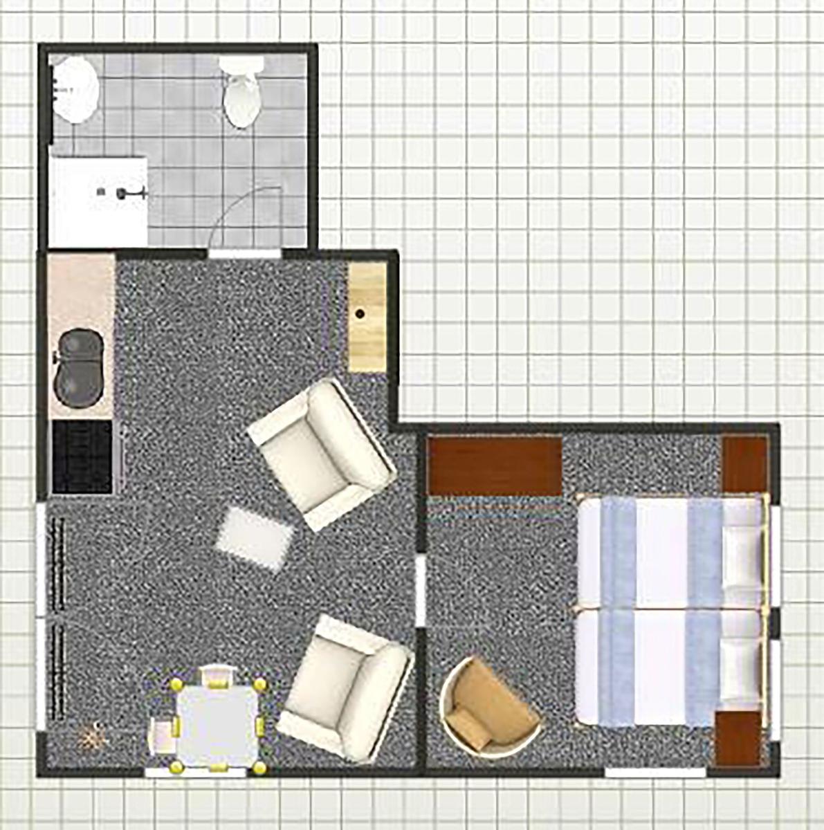 Wohnzimmer mit Sitzgruppe, Esstisch und Bücherregal. Holzbalken und Fenster mit Blick.