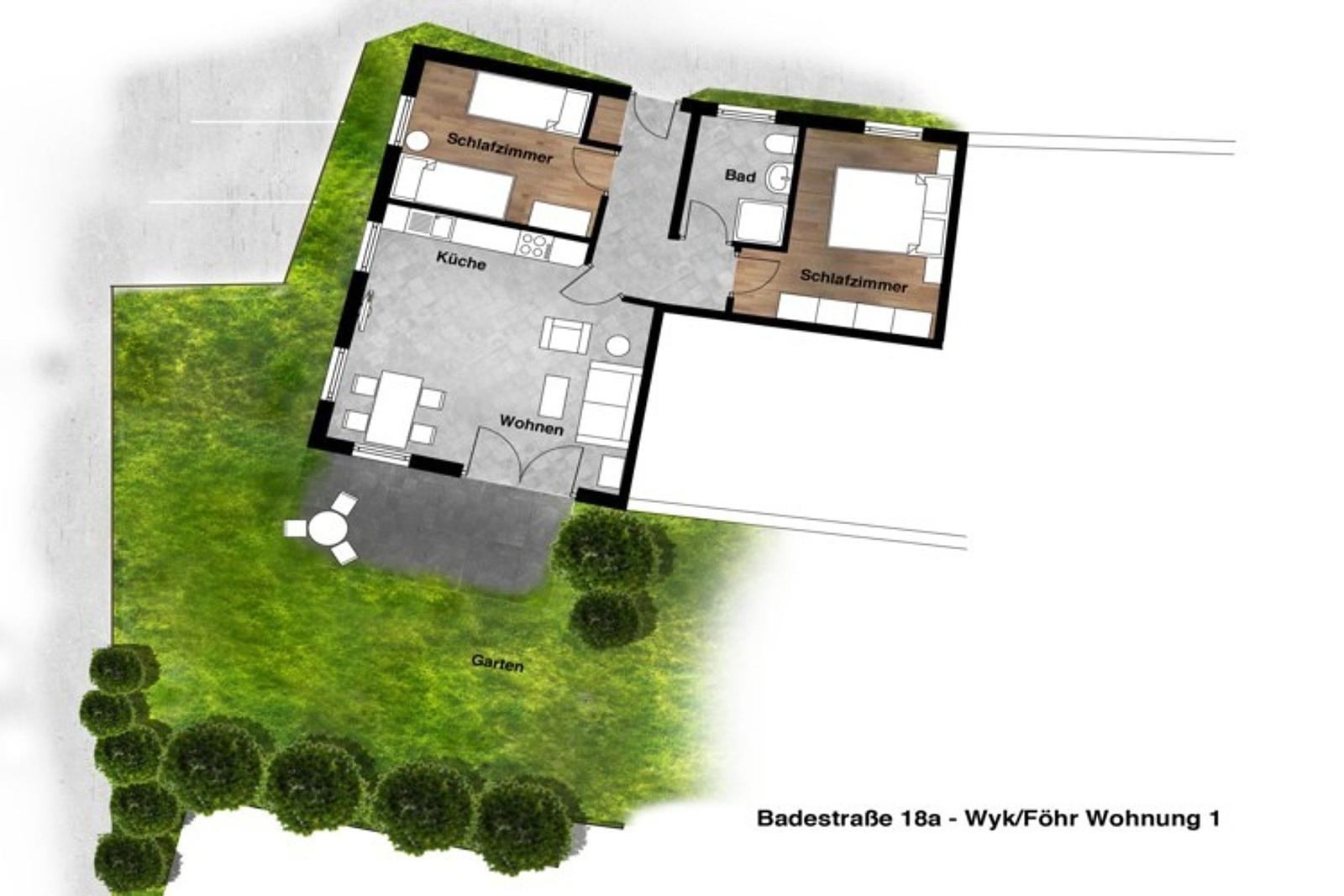 Wohnung mit Küche, Wohnen, zwei Schlafzimmern und Bad. Garten mit Rasenfläche und Bäumen.