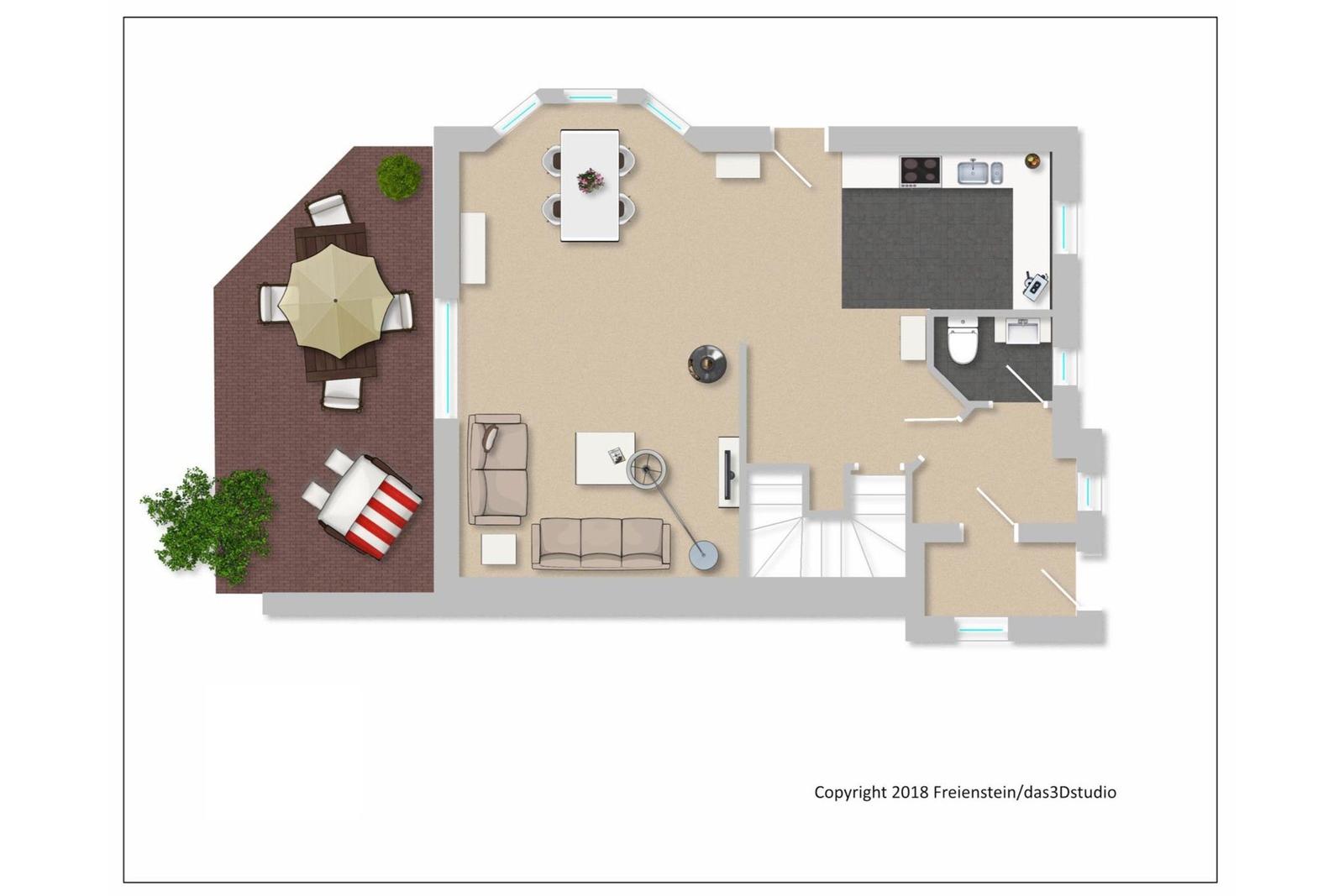 Dieses Apartment hat eine Küche, ein Bad und einen Wohnbereich mit Schlafplatz.