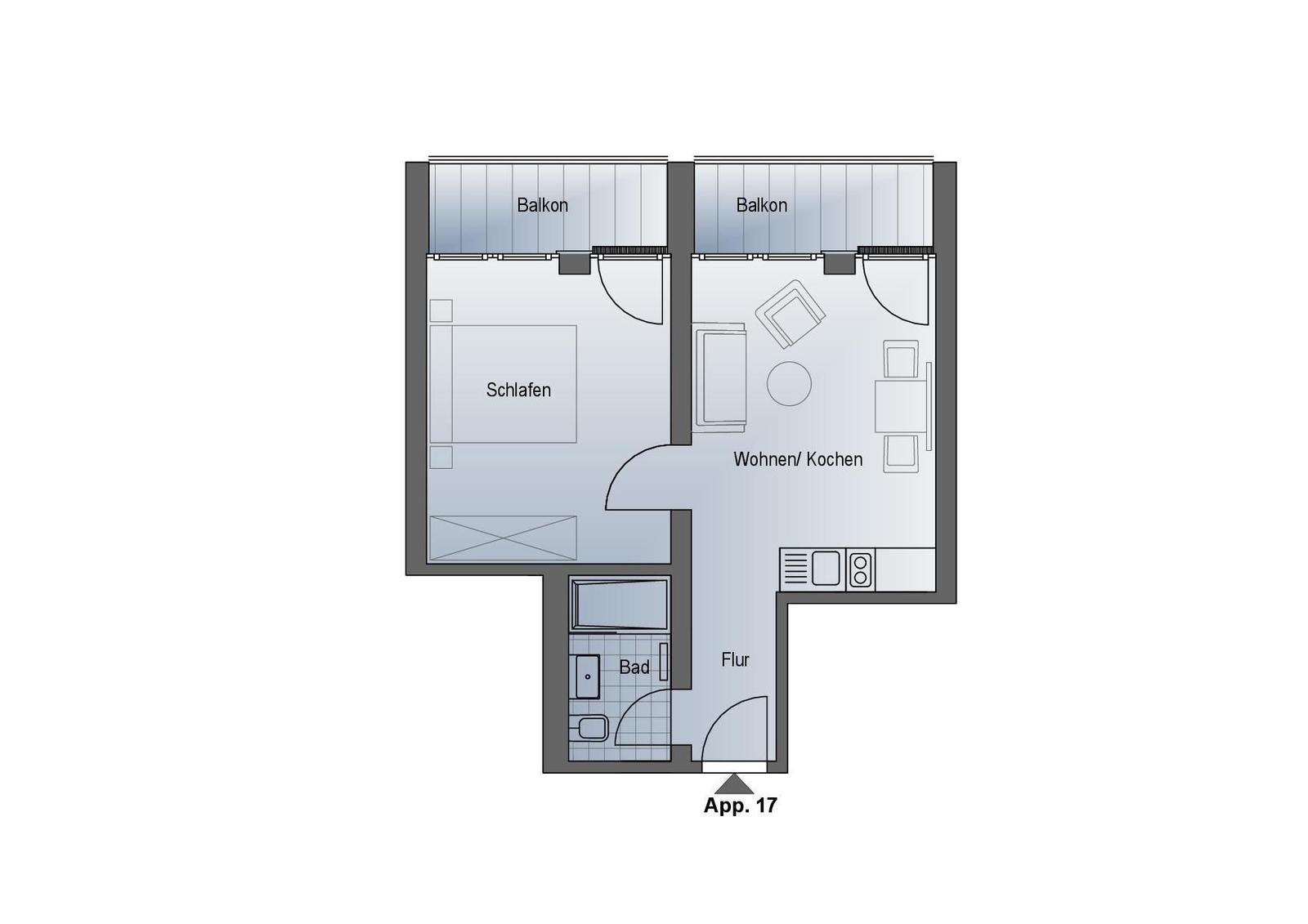 Appartement mit Schlafzimmer, Wohnküche, Bad und zwei Balkonen.