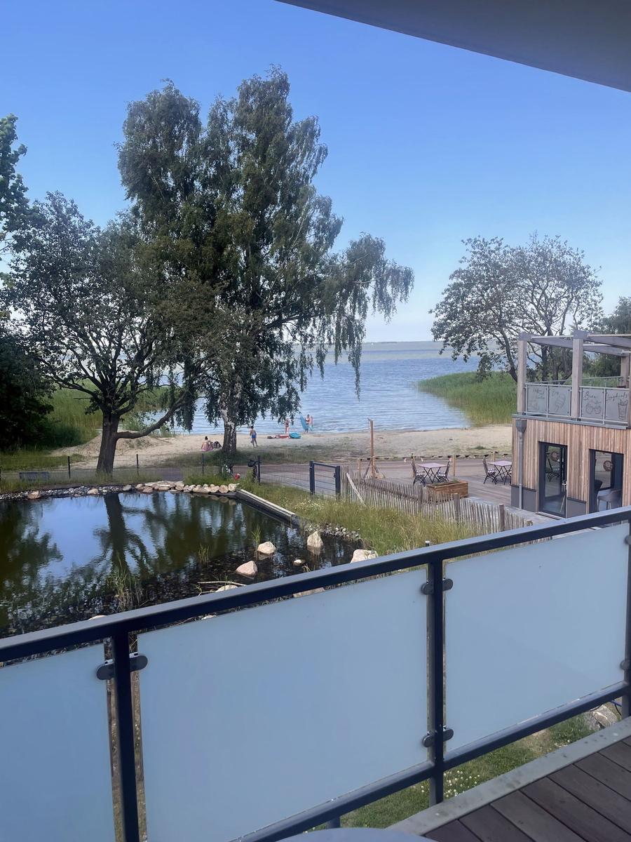 Blick von Balkon auf Teich, Strand und See mit Bäumen und modernem Gebäude.