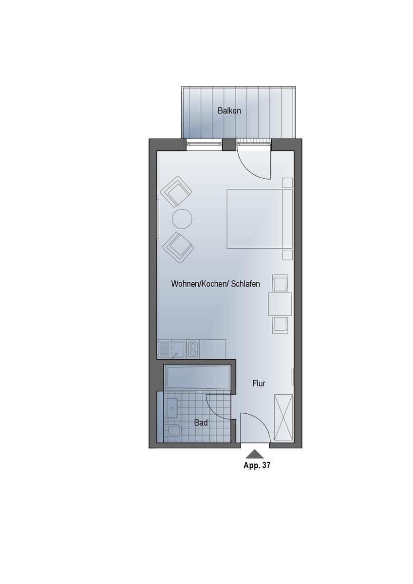 Wohnung mit Wohnbereich, Küche, Schlafplatz, Bad und Balkon. App. 37.