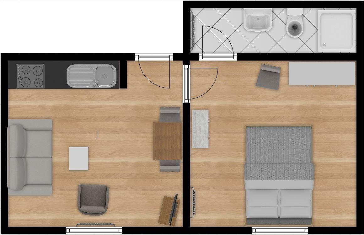 Schlafzimmer mit Doppelbett, Kleiderschrank und Pflanze.